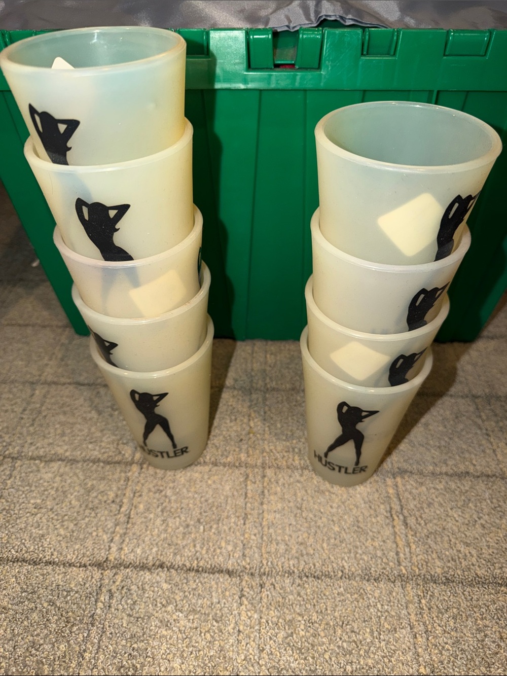 Hustler Hollywood Ivory Plastic Shot Cups with Black Silhouette Logo - Set of 8